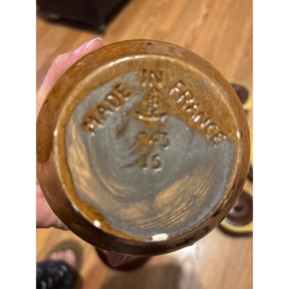 Rare Set Of Vtg Artisan crocks & Plates Brown & tan drip Clay MCM Pull Handles - Picture 7 of 11